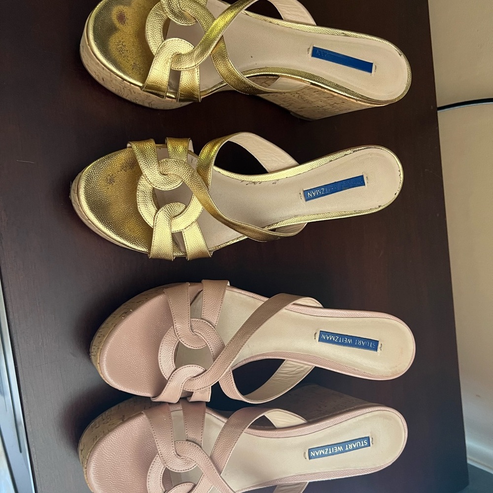 Stuart Weitzman Gold and Cream Wedge Sandals